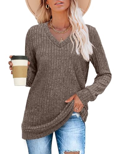 V Neck Long Sleeve Shirts for Women Casual Fall Tops Lightweight Tunic Sweaters Fashion Clothes 2025