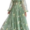 Women's Puffy Sleeve Prom Dresses Fair Flower Embroidery Tulle Green Formal Evening Party Gowns