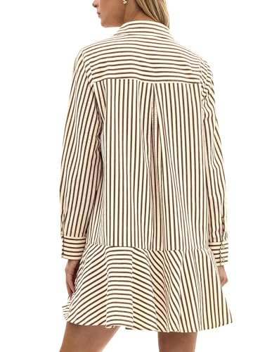 Womens Striped Shirt Mini Dress Long Sleeve Collared Ruffle Hem Button Up Tunic Flowy Swing Dresses