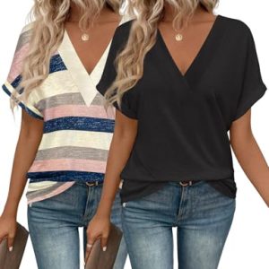 2PCS T Shirts Short Sleeve V Neck Tees Womens Fashion Tops Trendy Soft 2025 Casual Summer Spring Outfits Clothes