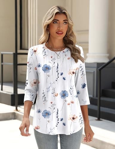 3/4 Length Sleeve Womens Tops Crew Neck Loose Fit Shirts Pleated Cute Clothes Dressy Casual 2025 Summer Tunics