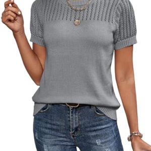 Womens Summer Tops Dressy Casual Crewneck Short Sleeve Shirts Solid Hollow Out Knit Loose Sweater Blouses