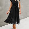 Women Summer Bohemian Floral Casual Wrap V Neck Ruffle Cap Sleeveless Belt A-Line Pleated Hem Midi Sun Dress White