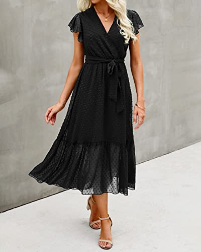 Women Summer Bohemian Floral Casual Wrap V Neck Ruffle Cap Sleeveless Belt A-Line Pleated Hem Midi Sun Dress White