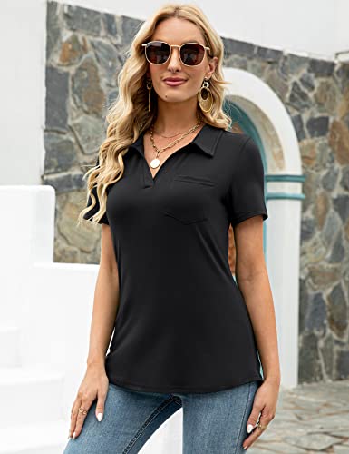 Womens V Neck Polo Shirts Short Sleeve Collared Tops Loose Casual Tunic Blouses with Pocket