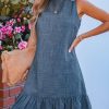 Womens Summer Dresses Sleeveless Tie Back High Crew Neck Ruffle Mini Short Dress