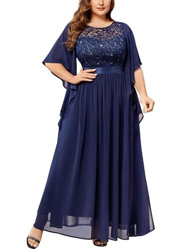 Women's Plus Size Sequin Lace with Ruffle Cape Cloak Sleeves Elegant Evening Wedding Party Maxi Dress