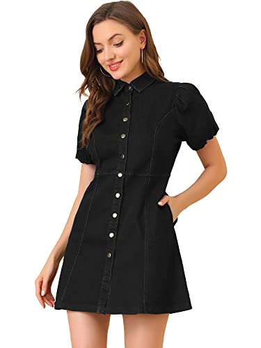 Women's Denim Dress Button Down Pockets Puff Sleeve Collared Jean Dresses