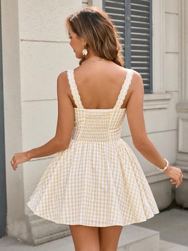 41dZ2fAjlyL.jpg Women's Summer Cute Corset Mini Dress Lace Spaghetti Strap Sweetheart Flowy A-line Gingham Short Dresses