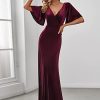 Women's Retro Evening Gown A Line V-Neck Wrap Velvet Long Formal Dresses 0861