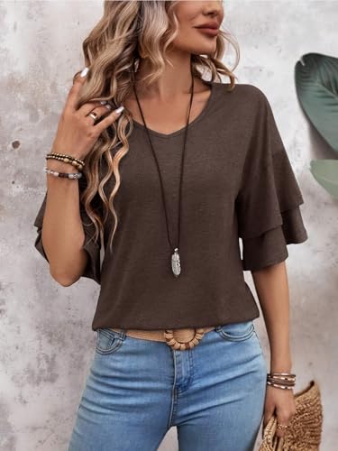 Womens Top Ruffle Sleeve Blouses V Neck T Shirts Casual Outfit Bell Sleeve Tee Spring Fall Summer Fashion Clothes Cute Tunic