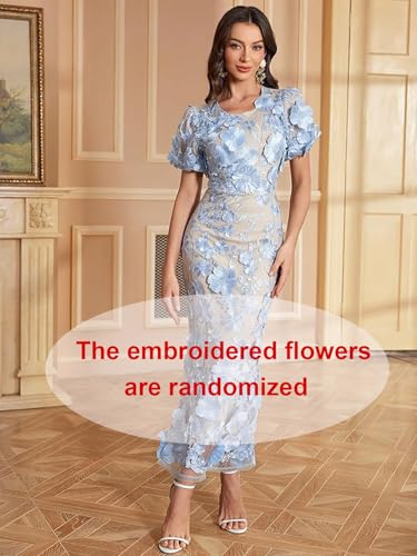 Women's 3D Floral Embroidery Dress Ruffle Sleeve Fishtail Lace Bodycon Party Cocktail Mini Dress