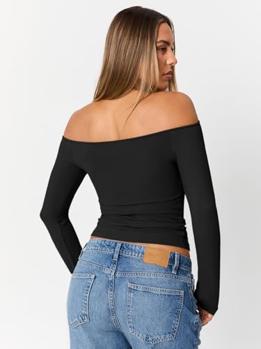 Womens Long Sleeve Off The Shoulder Tops Going Out Cute Basic Y2K Fall Fashion 2025 Outfits Clothes