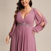 Women's Floor Length V Neck Lantern Sleeves Applique Mother of The Bride Dress Plus Size Formal Dresses