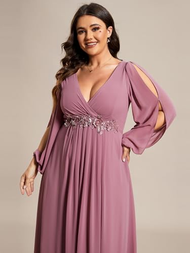 Women's Floor Length V Neck Lantern Sleeves Applique Mother of The Bride Dress Plus Size Formal Dresses