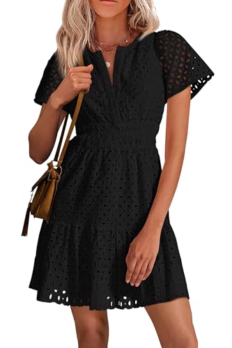 2025 Women Summer Short Dress V Neck Short Sleeve A Line Hollow Out Lace Ruffle Cute Casual Beach Party Dresses