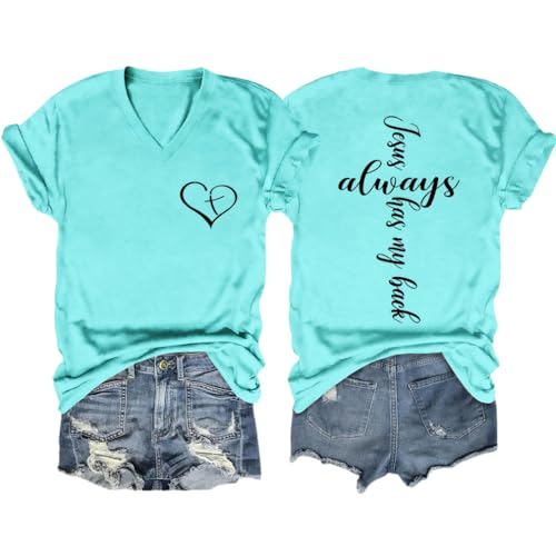 Jesus Christian Shirts Womens Jesus Always Has My Back Tshirt Religious Faith T-Shirt V Neck Inspirational Funny Top
