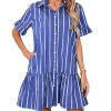 Women's Cotton Linen Ruffle Mini Dress Short Sleeve Button Down Drop Waist Tunic Shirt Dress