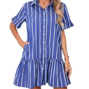 Women's Cotton Linen Ruffle Mini Dress Short Sleeve Button Down Drop Waist Tunic Shirt Dress