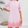 Women's Summer Embroidered Mini Dress Short Puff Sleeve Ruffle Collar Button Front Shift Dress