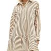 Womens Striped Shirt Mini Dress Long Sleeve Collared Ruffle Hem Button Up Tunic Flowy Swing Dresses