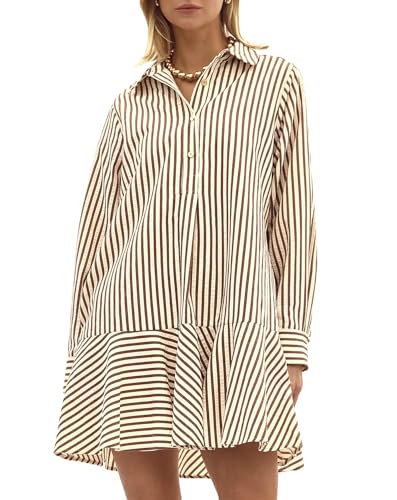 Womens Striped Shirt Mini Dress Long Sleeve Collared Ruffle Hem Button Up Tunic Flowy Swing Dresses