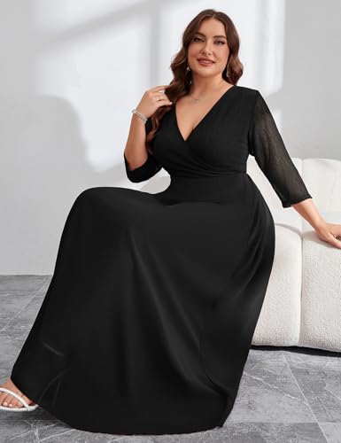 Plus Size Maxi Formal Dress Lace Chiffon Floral V-Neck Wrap Wedding Guest Evening Gown Cocktail Prom 3/4 Sleeves