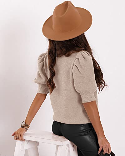 Women's Puff Short Sleeve Sweater Tops 2025 Summer Fall Trendy Knit Crew Neck Casual T Shirts Blouses