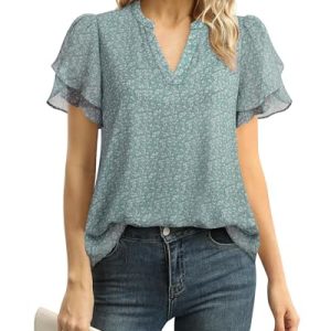 Womens Dressy Chiffon Blouses Summer Puff Petal Short Sleeve Shirts V Neck Casual Work Tops