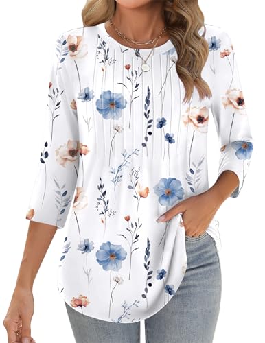 3/4 Length Sleeve Womens Tops Crew Neck Loose Fit Shirts Pleated Cute Clothes Dressy Casual 2025 Summer Tunics
