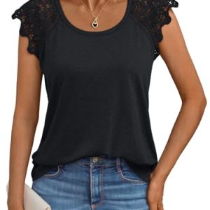 Womens Tops Casual Dressy Lace Summer Tee 2025 Cap Sleeve T Shirts Cute Basic Trendy Fashion Spring Outfits