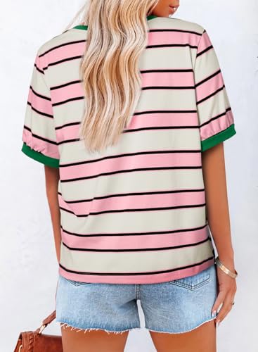 Womens Summer Tops 2025 Striped Color Block Short Sleeve T-Shirts Crewneck Casual Loose Basic Tee Blouses