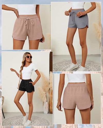 3 Pack Women's Waffle Knit Shorts Cotton Drawstring Lounge Summer Comfy Casual Shorts with Pockets