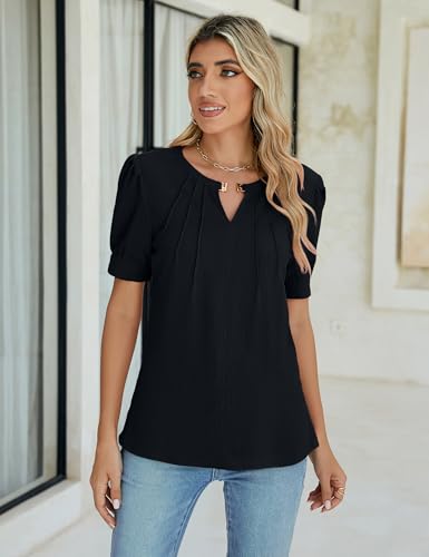 Womens Dressy Casual Tops Keyhole Business Work Blouses Pleated Puff Sleeve Summer Shirts