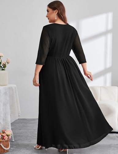 Plus Size Maxi Formal Dress Lace Chiffon Floral V-Neck Wrap Wedding Guest Evening Gown Cocktail Prom 3/4 Sleeves
