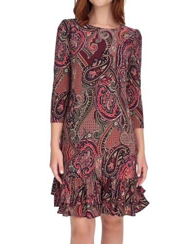 Women's 3/4 Sleeve High Neck Ruffle Trim Jersey Mini Dress