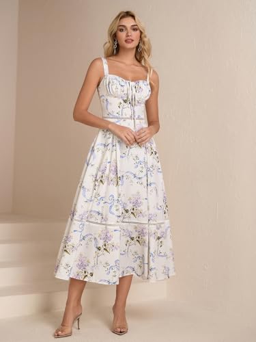 Floral Corset Midi Dress Lace Up Cutout Flowy Summer Wedding Guest Dresses for Women Sundress with Pockets