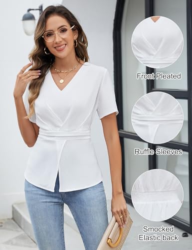 Womens Dressy Business Casual Blouse Pleated V Neck Tops Trendy Smocked Work Shirt Summer Outfit 2025