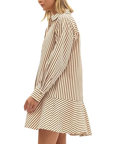Womens Striped Shirt Mini Dress Long Sleeve Collared Ruffle Hem Button Up Tunic Flowy Swing Dresses