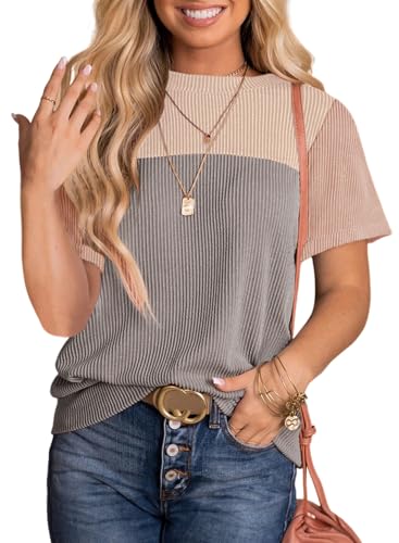 Womens Color Block Fashion Short Sleeve Crewneck Knitted Spring Summer Casual Loose T Shirts Tops