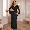 Plus Size Formal Dresses for Women with Embroidery Sequin and Cape Sleeve, V-Neck Maxi Dress for Wedding and Party