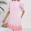 Women's Summer Embroidered Mini Dress Short Puff Sleeve Ruffle Collar Button Front Shift Dress