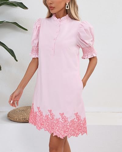 Women's Summer Embroidered Mini Dress Short Puff Sleeve Ruffle Collar Button Front Shift Dress