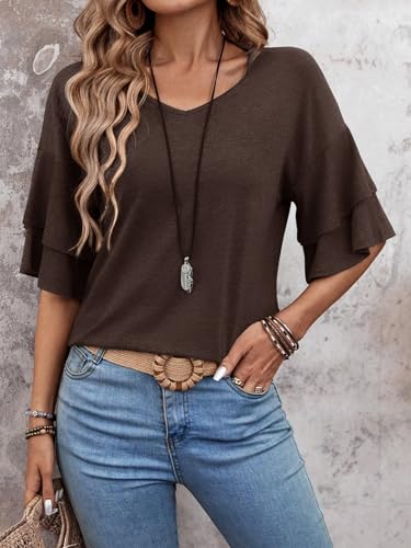 Womens Top Ruffle Sleeve Blouses V Neck T Shirts Casual Outfit Bell Sleeve Tee Spring Fall Summer Fashion Clothes Cute Tunic