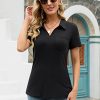 Womens V Neck Polo Shirts Short Sleeve Collared Tops Loose Casual Tunic Blouses with Pocket