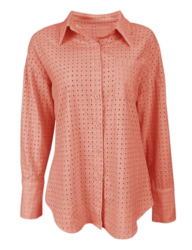 Women's Casual Button Down Shirts Dressy Hollow Out Long Sleeve Blouses Tops with Pockets