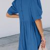 Womens Summer Crewneck Puff Sleeve Babydoll Elegant Empire Waist Mini Swing Skater Dresses with Pockets