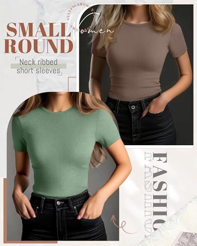 3 Pack Women's Ribbed T-Shirts, Cotton Short Sleeve Basic Tees Crewneck Fitted Tops Casual Shirts 2025 Summer Trendy
