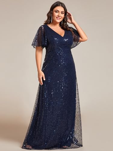Women's V Neck Sequin Plus Size Ruffle Sleeves Long Formal Dresses 02120-DAPH