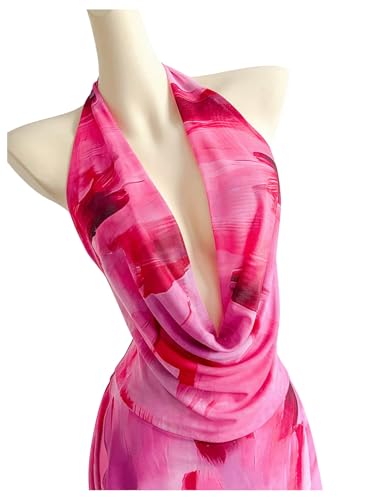 Women's Tie Dye Mesh Halter Mini Dress Deep V Neck Draped Backless Sleeveless Vacation Summer Dresses
